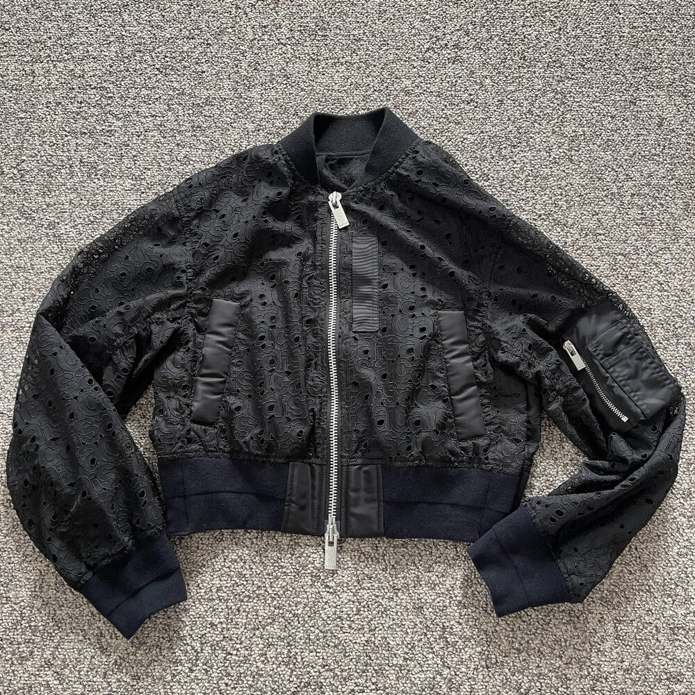 Sacai Japan Cropped Logo Black Lace Bomber Jacket Sz 1 XS